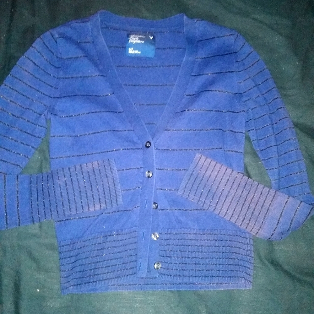 American eagle outfitters long sleeve button up blouse blue with black stripes s